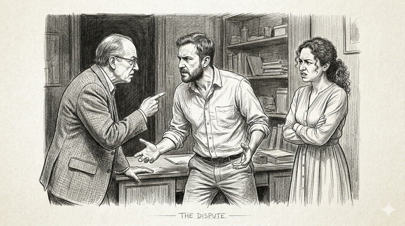 Tres personas en una disputa tensa en una oficina — una ilustración a lápiz titulada La Disputa